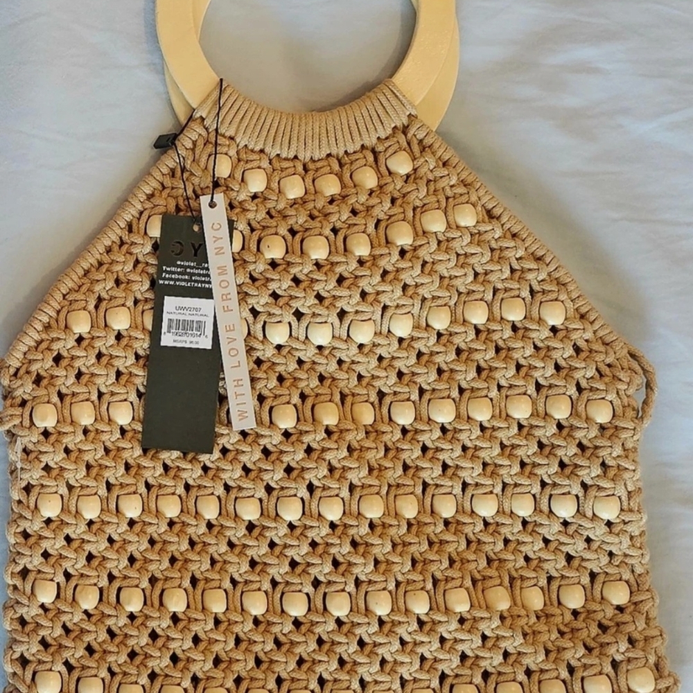 VIOLET RAY | Elegant Beige Crochet Shoulder Bag with Wooden Handles. NWT